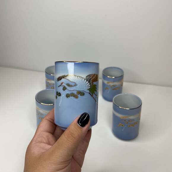 Vintage 6pc Japanese Gold Crane Blue Tea Cup - Picture 7 of 12